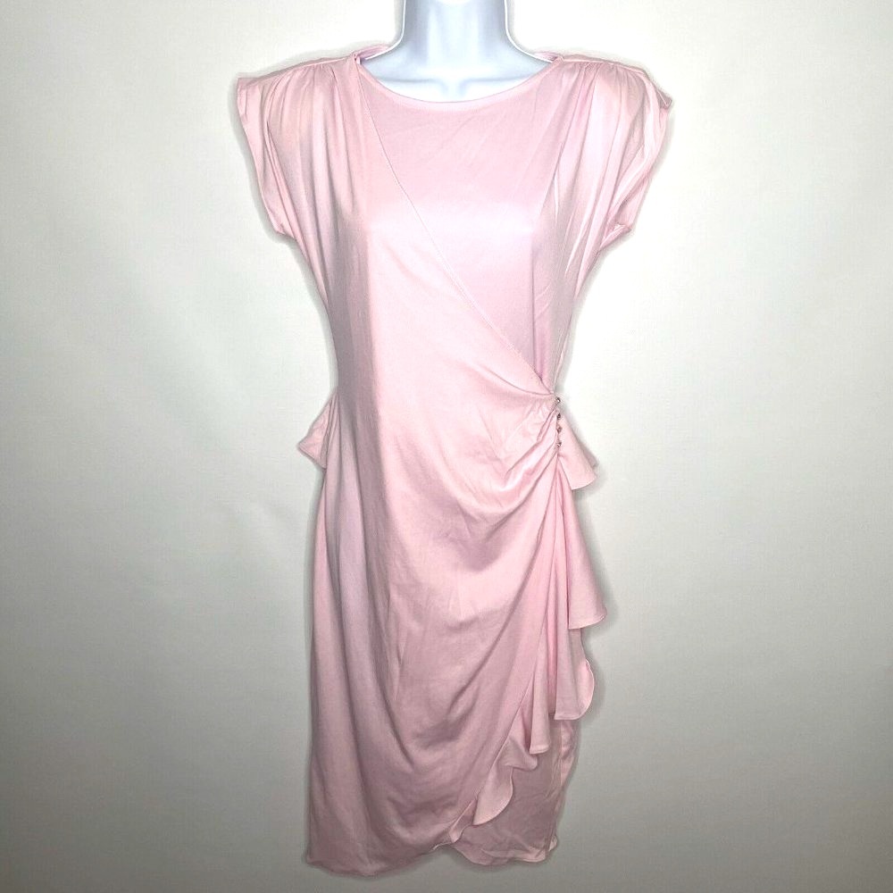 Vintage 70s Wild Dress Baby Pink Ruffled Rhinestone Faux Wrap Dress